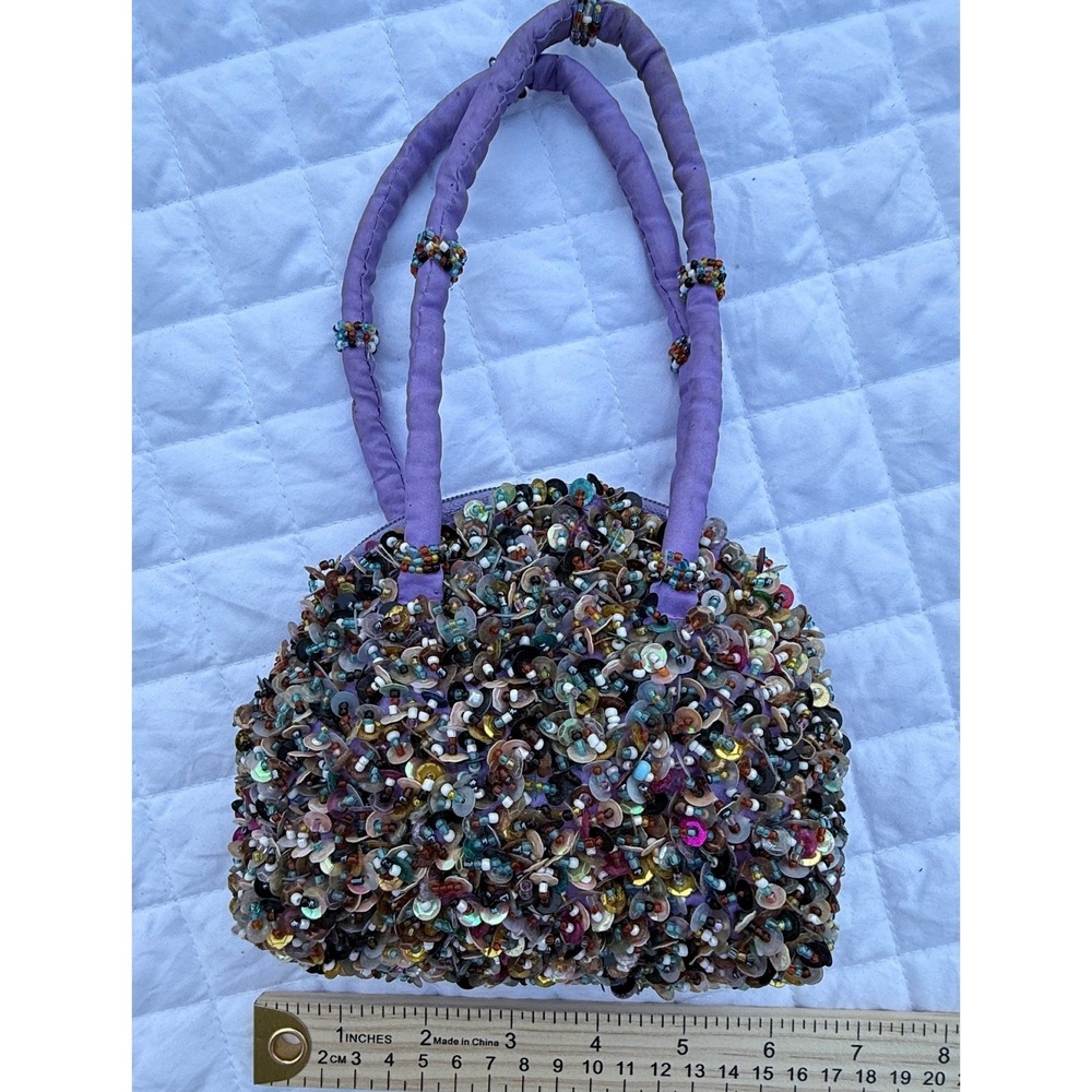 Kitschy Artsty Purple Beaded Sequin Mini Handbag Multi Color Embellished Purse - Picture 9 of 16